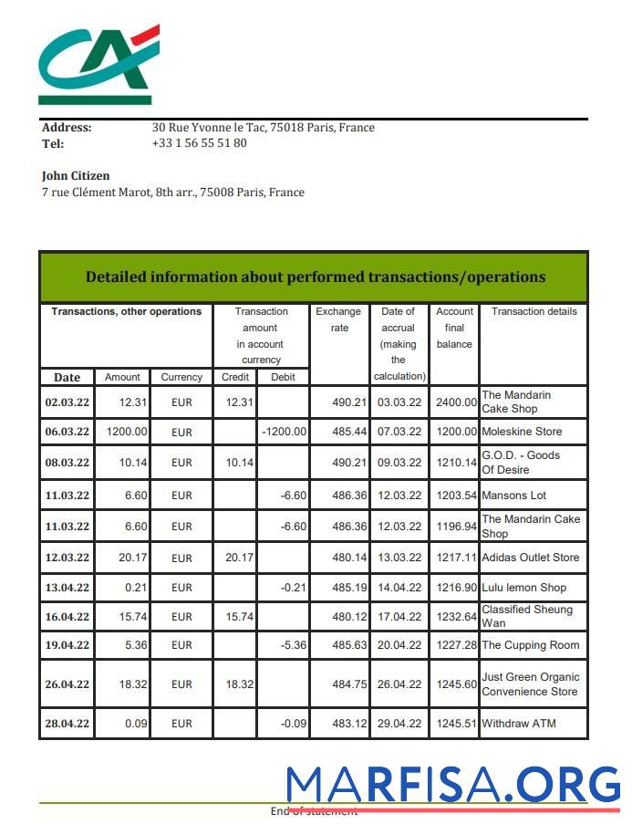 Downloadable France Credite Agricole bank statement excel real example